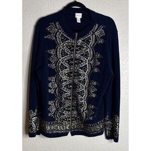 Chicos 3 US XL Demitria Cardigan Navy Gold Tone Beads Embroidery Full Zip Preppy